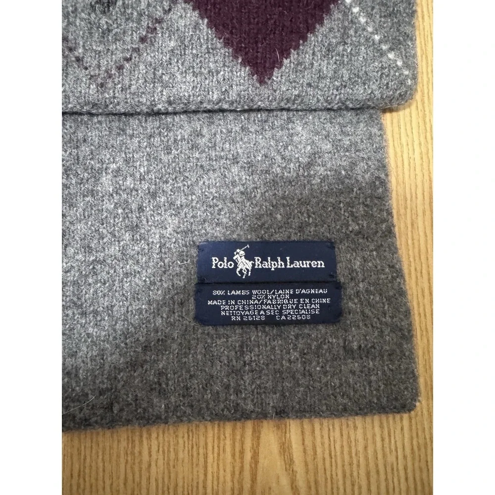 Vintage Polo Ralph Lauren Lambs Wool Argyle/ Diamond Scarf Gray‎